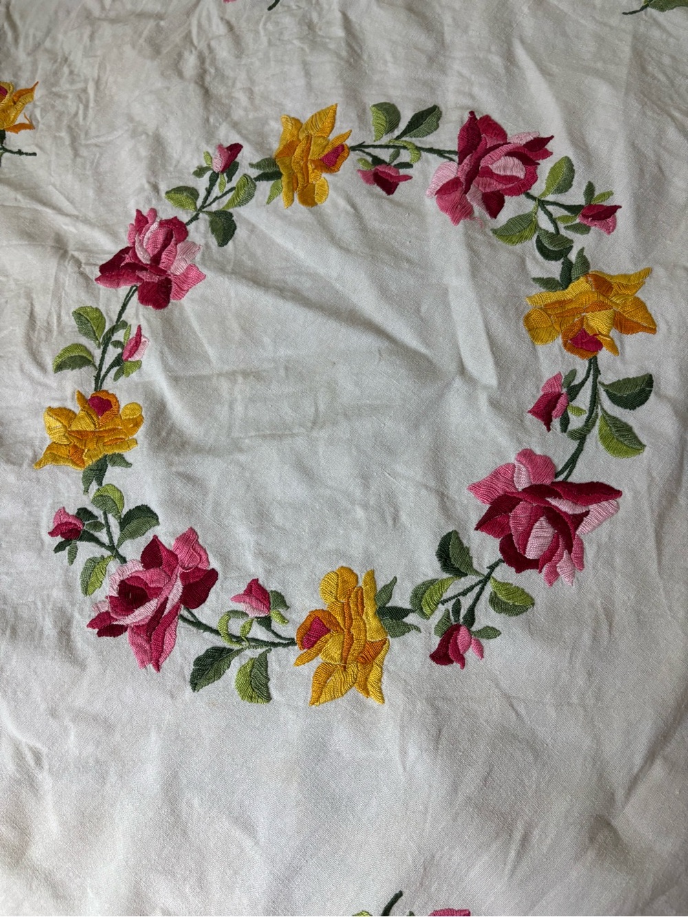 Vintage Floral Ivory Linen Tablecloth Hand Embroidered Pink Yellow Red 47”x42” - Picture 2 of 7